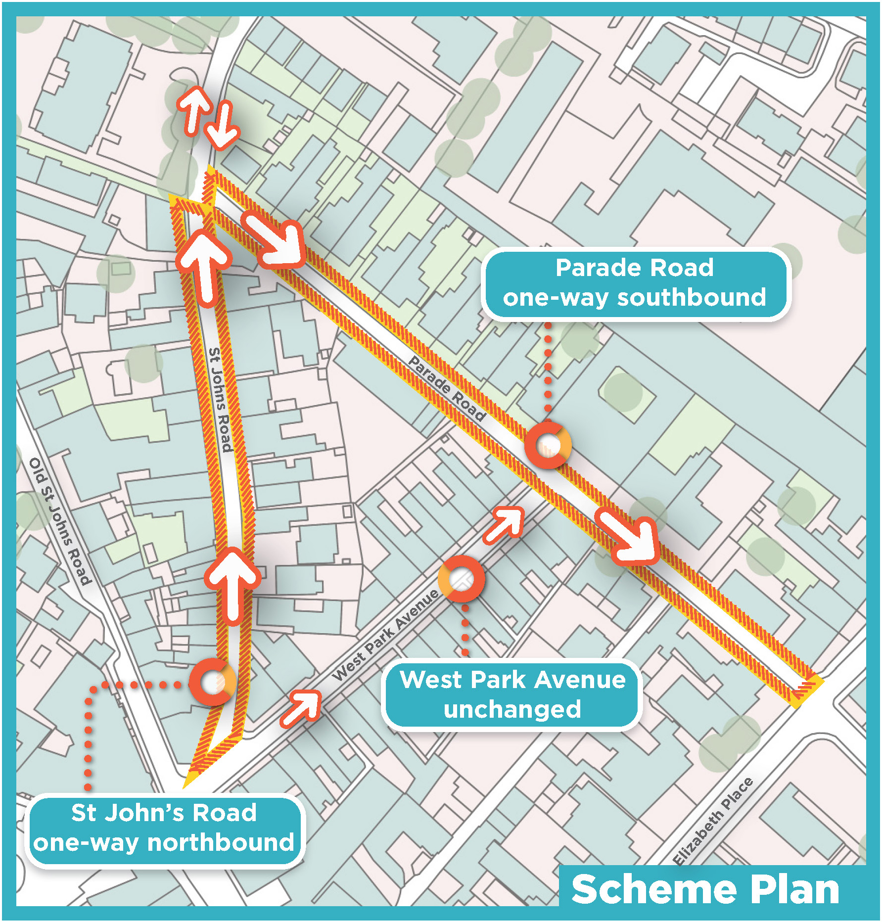 Map showing the 3 month trial one way traffic northbound on the lower part of St John's Road until the junction with Parade Road, the one way traffic southbound along Parade Road and no change to the traffic on West Park Avenue.